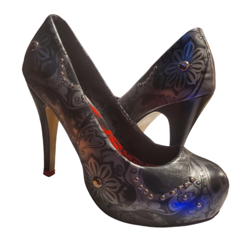 Iron Fist Black and Silver Patterned Heels